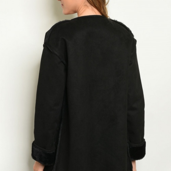 Faux Suede Coat with Faux Fur lining -Black - Picture 2 of 4